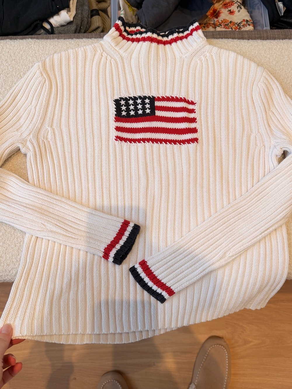 Cream Ribbed Mock Neck Sweater with USA Flag